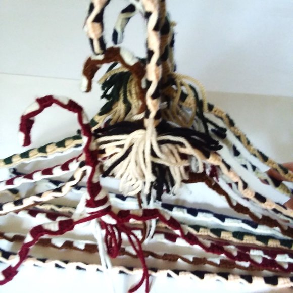 6 VTG 70s Crocheted Hangers Pom Poms Handmade Metal Boho Retro Granny Knit - Picture 1 of 4